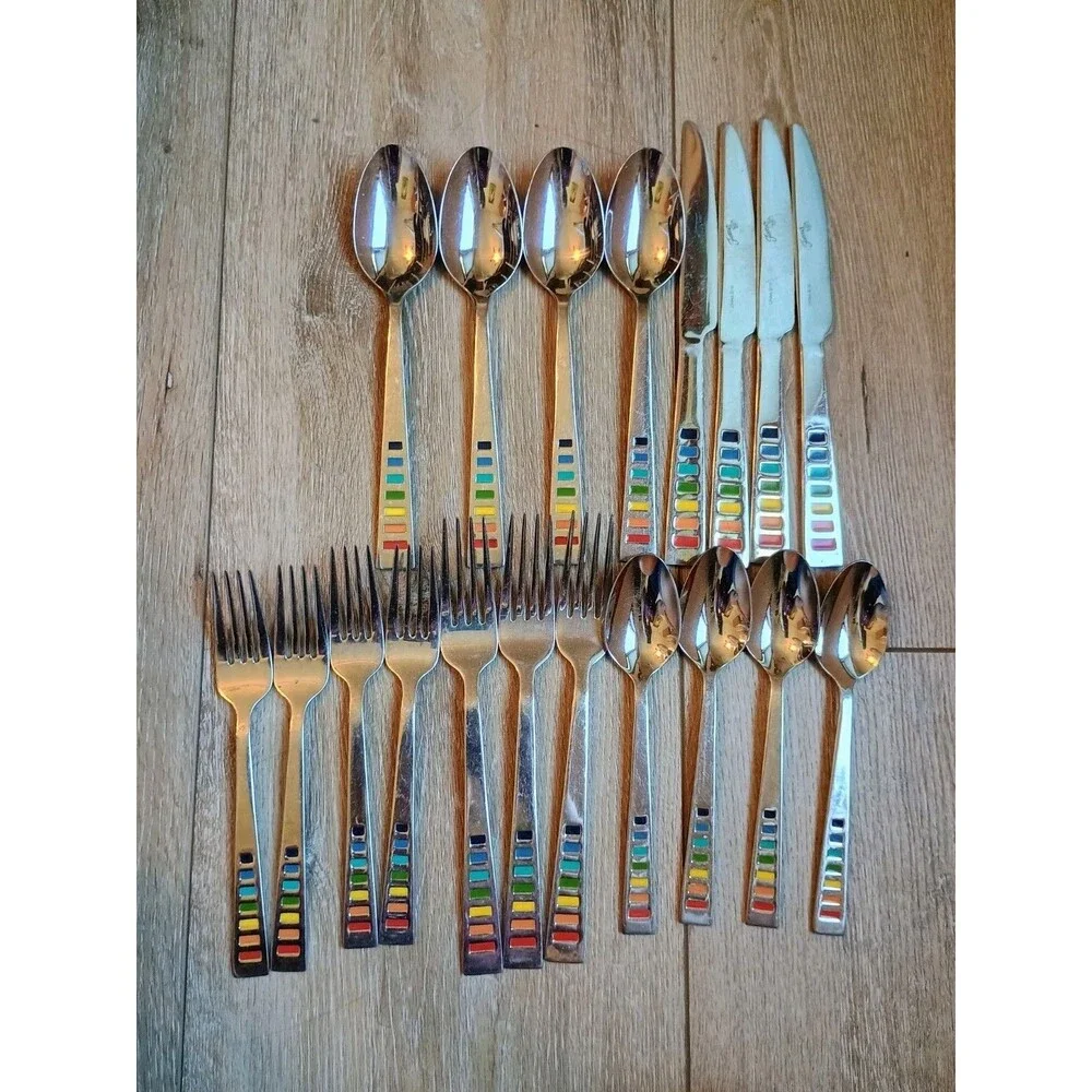 19 Piece Fiesta Celebration Rainbow Stainless Flatware Silverware Set